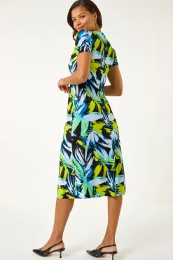 Roman Blue Leaf Print Twist Front Midi Dress