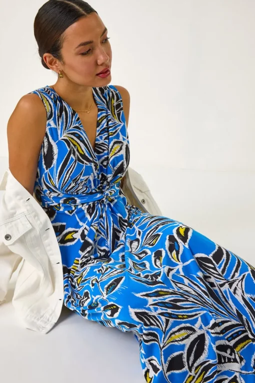Roman Blue Leaf Puff Print Maxi Dress