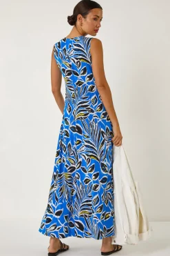 Roman Blue Leaf Puff Print Maxi Dress