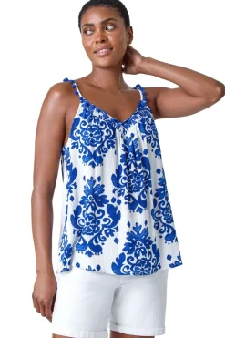 Roman Blue Paisley Pom Pom Trim V-Neck Crinkle Vest Top