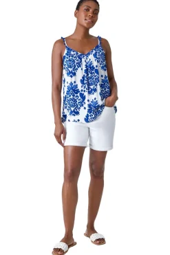 Roman Blue Paisley Pom Pom Trim V-Neck Crinkle Vest Top