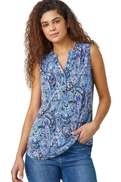 Roman Blue Paisley Print Sleeveless Stretch Top