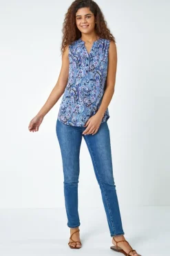 Roman Blue Paisley Print Sleeveless Stretch Top