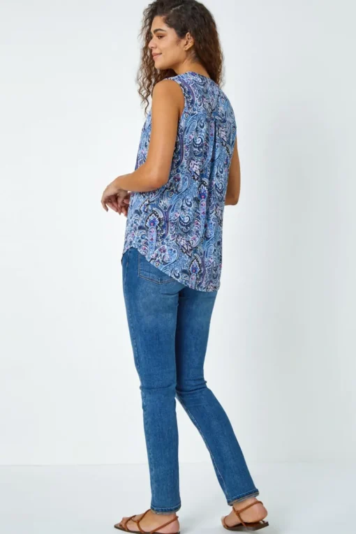 Roman Blue Paisley Print Sleeveless Stretch Top