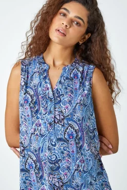 Roman Blue Paisley Print Sleeveless Stretch Top