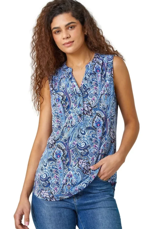 Roman Blue Paisley Print Sleeveless Stretch Top