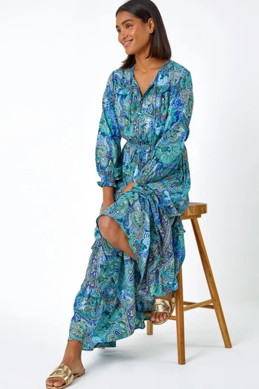 Roman Blue Paisley Print Tassel Frill Hem Maxi Dress