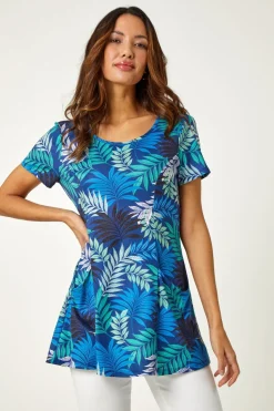 Roman Blue Palm Print Pocket Stretch Tunic Top