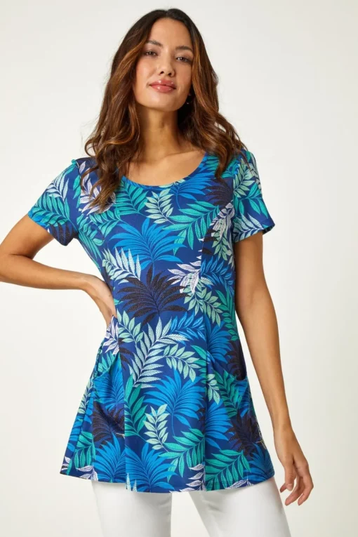Roman Blue Palm Print Pocket Stretch Tunic Top
