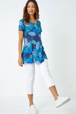 Roman Blue Palm Print Pocket Stretch Tunic Top