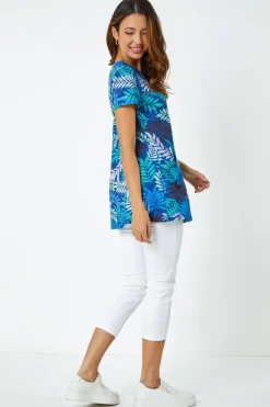 Roman Blue Palm Print Pocket Stretch Tunic Top