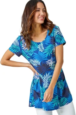 Roman Blue Palm Print Pocket Stretch Tunic Top