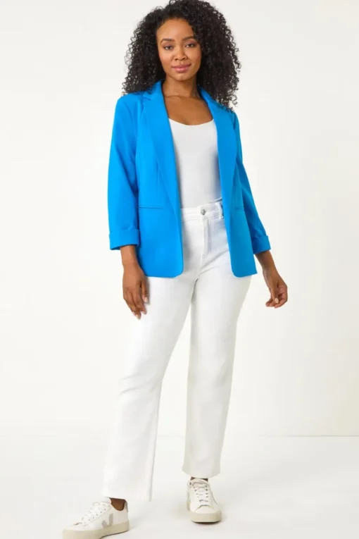 Roman Blue Petite 3/4 Sleeve Classic Stretch Blazer