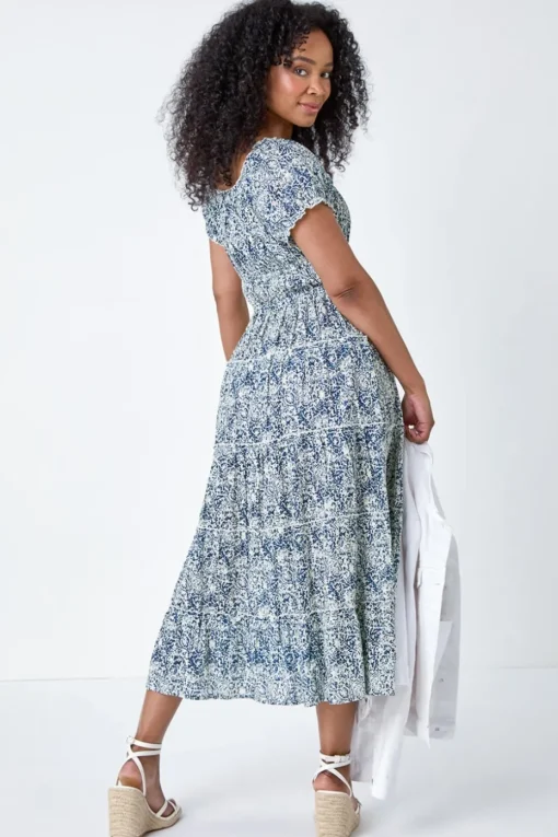 Roman Blue Petite Abstract Puff Sleeve Cotton Dress
