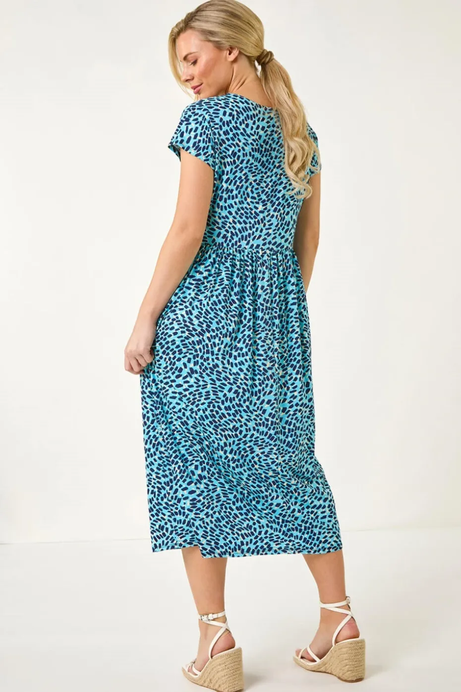 Roman Blue Petite Abstract Print Stretch Midi Dress