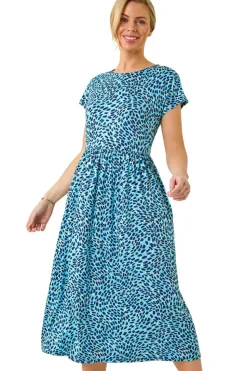 Roman Blue Petite Abstract Print Stretch Midi Dress