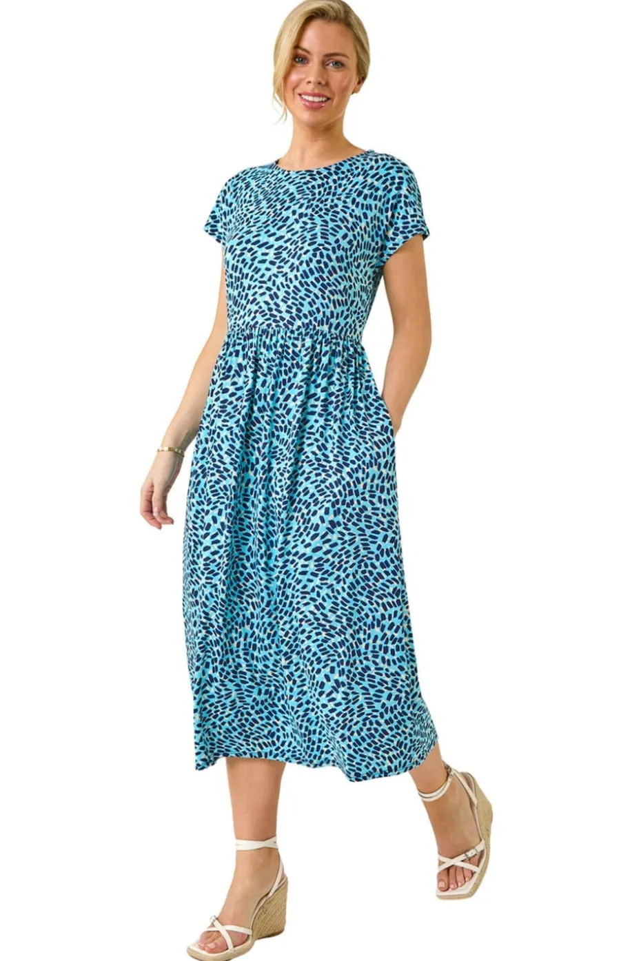 Roman Blue Petite Abstract Print Stretch Midi Dress