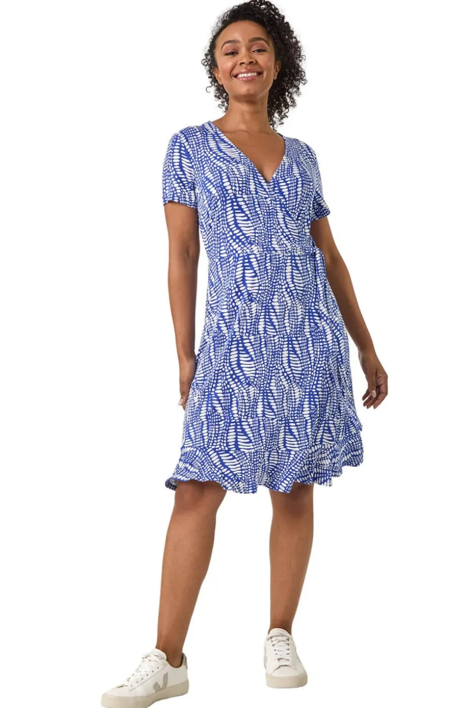 Roman Blue Petite Abstract Print Wrap Frill Dress