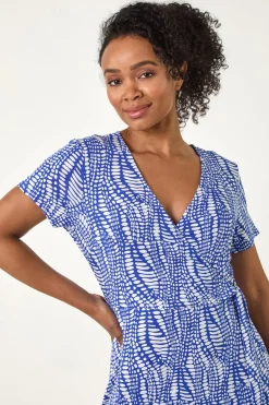 Roman Blue Petite Abstract Print Wrap Frill Dress