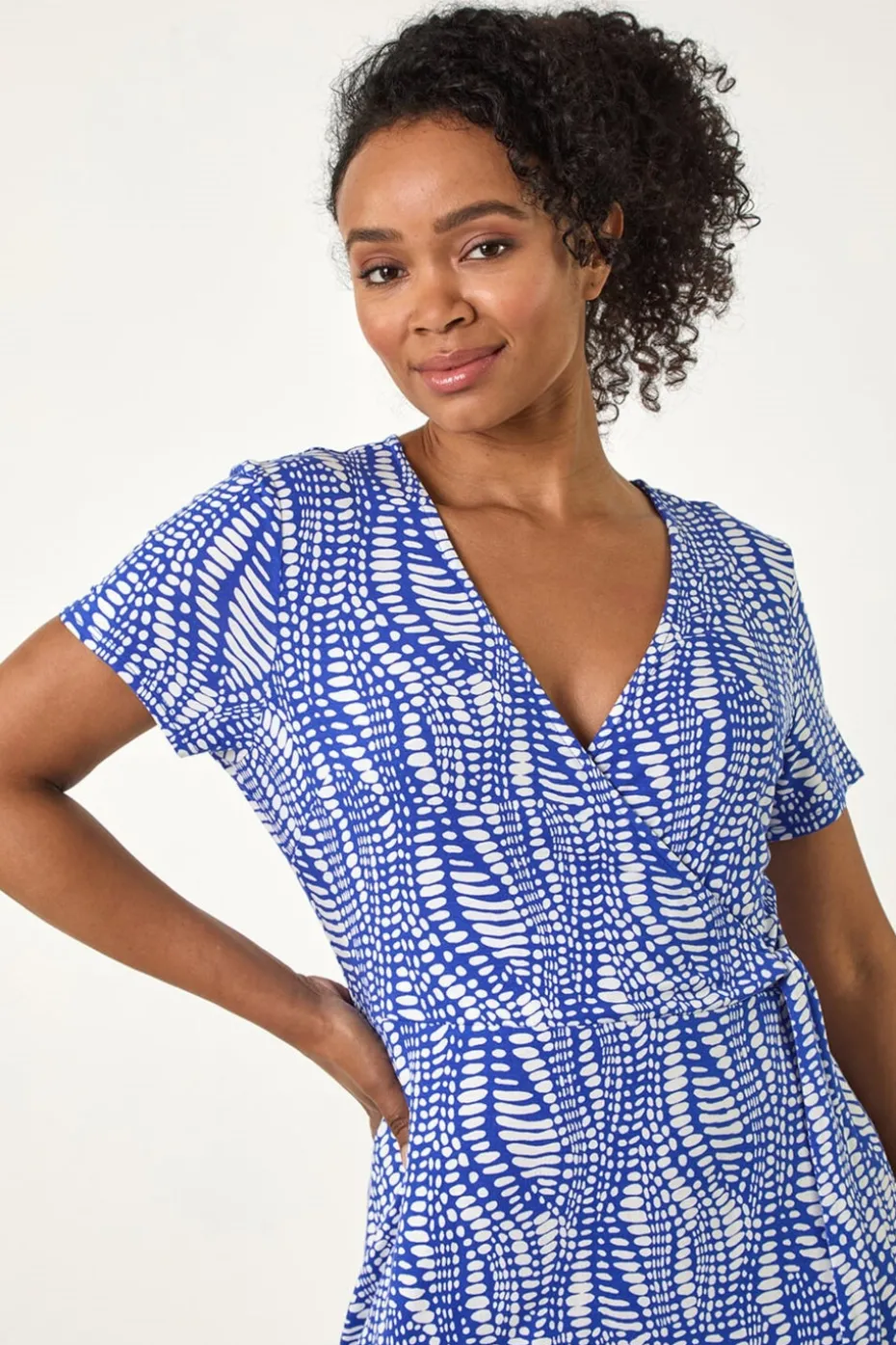 Roman Blue Petite Abstract Print Wrap Frill Dress