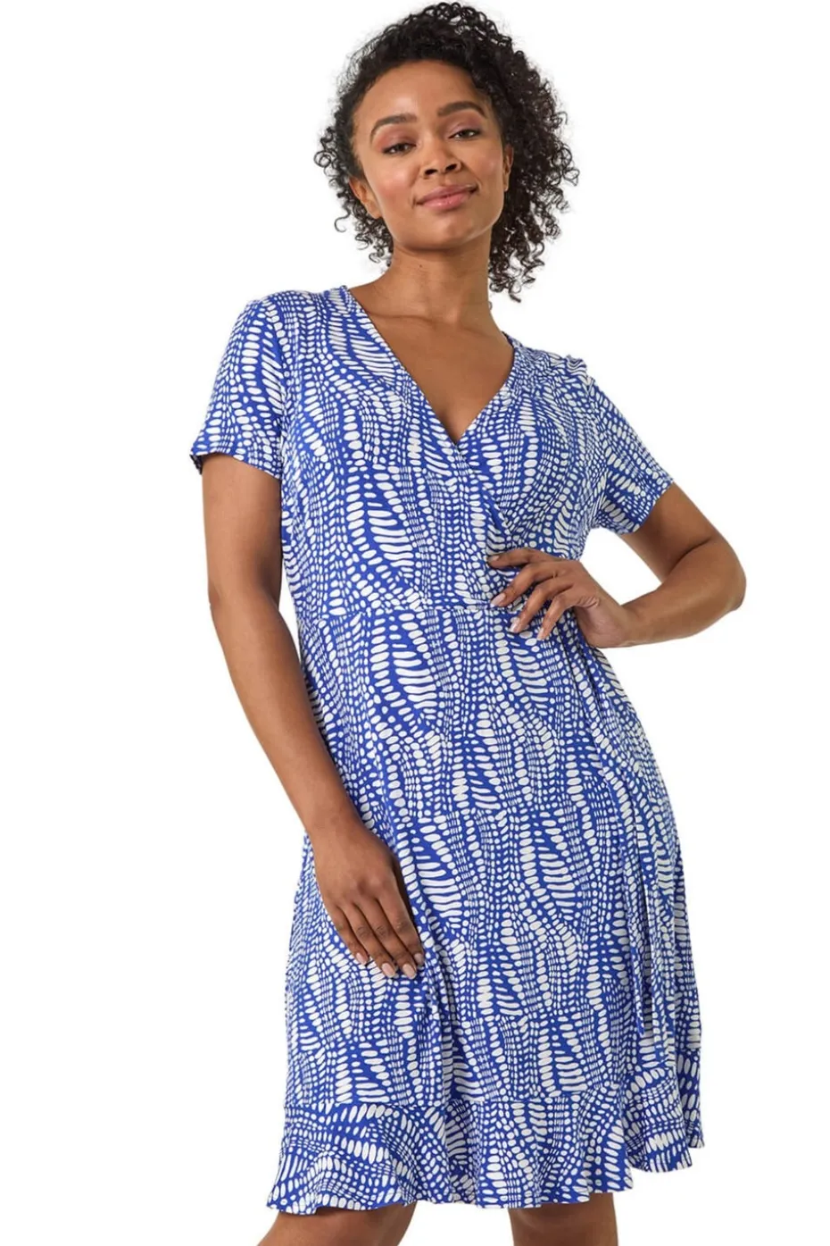 Roman Blue Petite Abstract Print Wrap Frill Dress