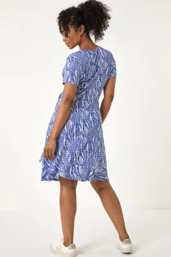 Roman Blue Petite Abstract Print Wrap Frill Dress