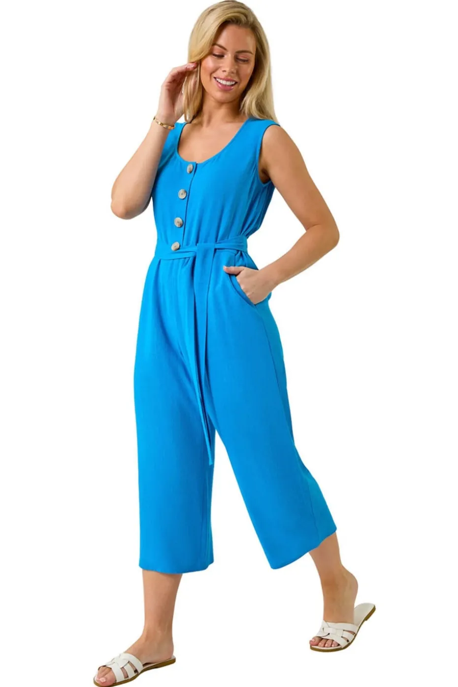 Roman Blue Petite Button Front Jumpsuit
