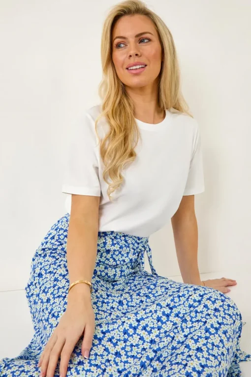 Roman Blue Petite Ditsy Floral Tie Waist Skirt