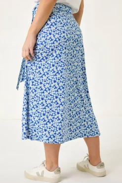 Roman Blue Petite Ditsy Floral Tie Waist Skirt