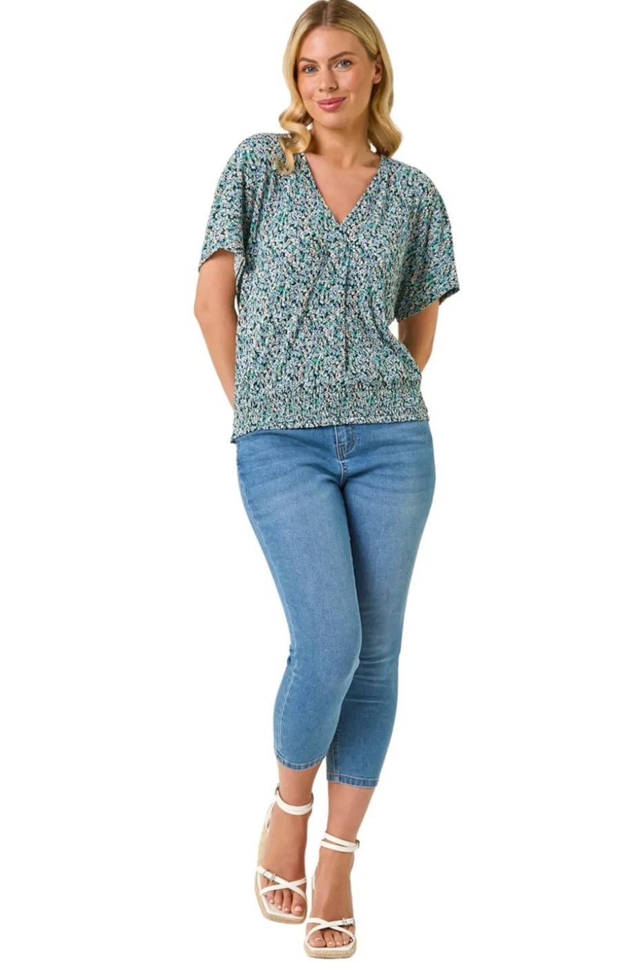 Roman Blue Petite Ditsy Print Crinkle Blouson Top