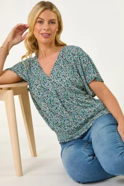 Roman Blue Petite Ditsy Print Crinkle Blouson Top