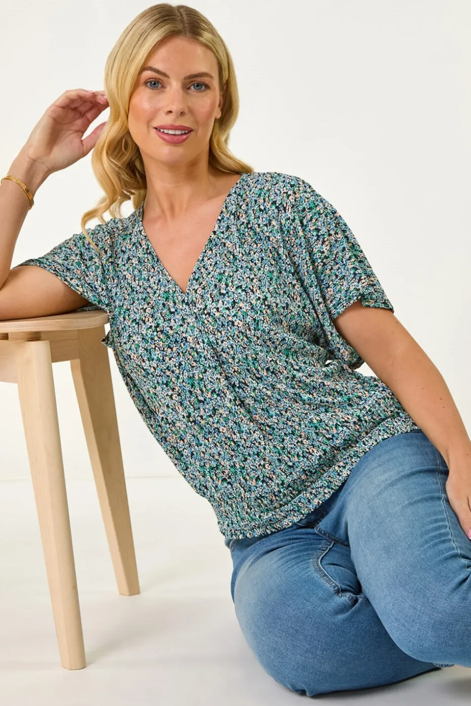 Roman Blue Petite Ditsy Print Crinkle Blouson Top