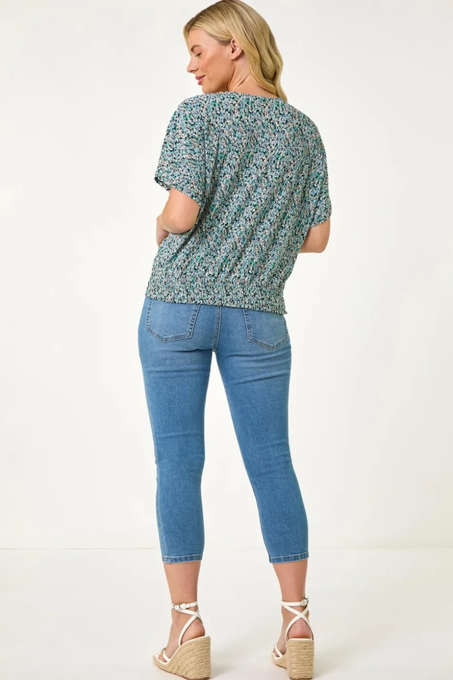 Roman Blue Petite Ditsy Print Crinkle Blouson Top