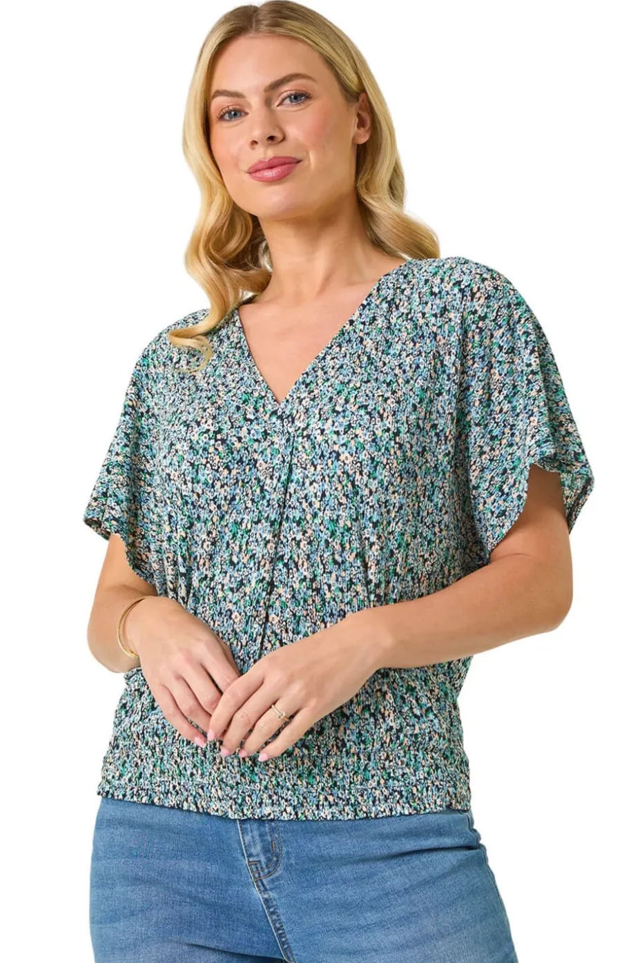 Roman Blue Petite Ditsy Print Crinkle Blouson Top