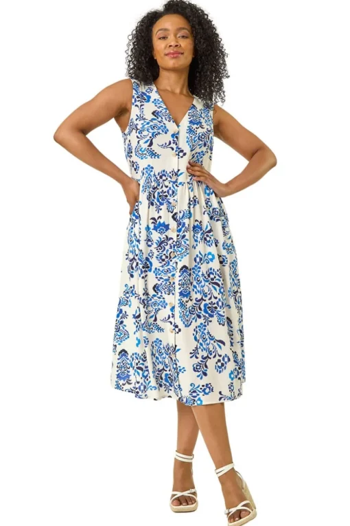 Roman Blue Petite Floral Button Pocket Dress