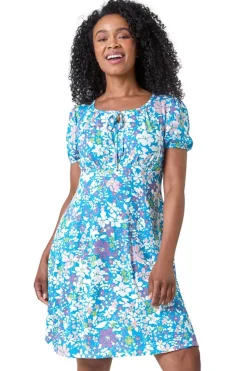 Roman Blue Petite Floral Print Stretch Dress
