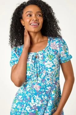 Roman Blue Petite Floral Print Stretch Dress