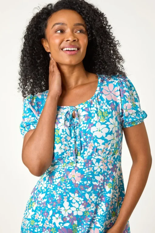 Roman Blue Petite Floral Print Stretch Dress