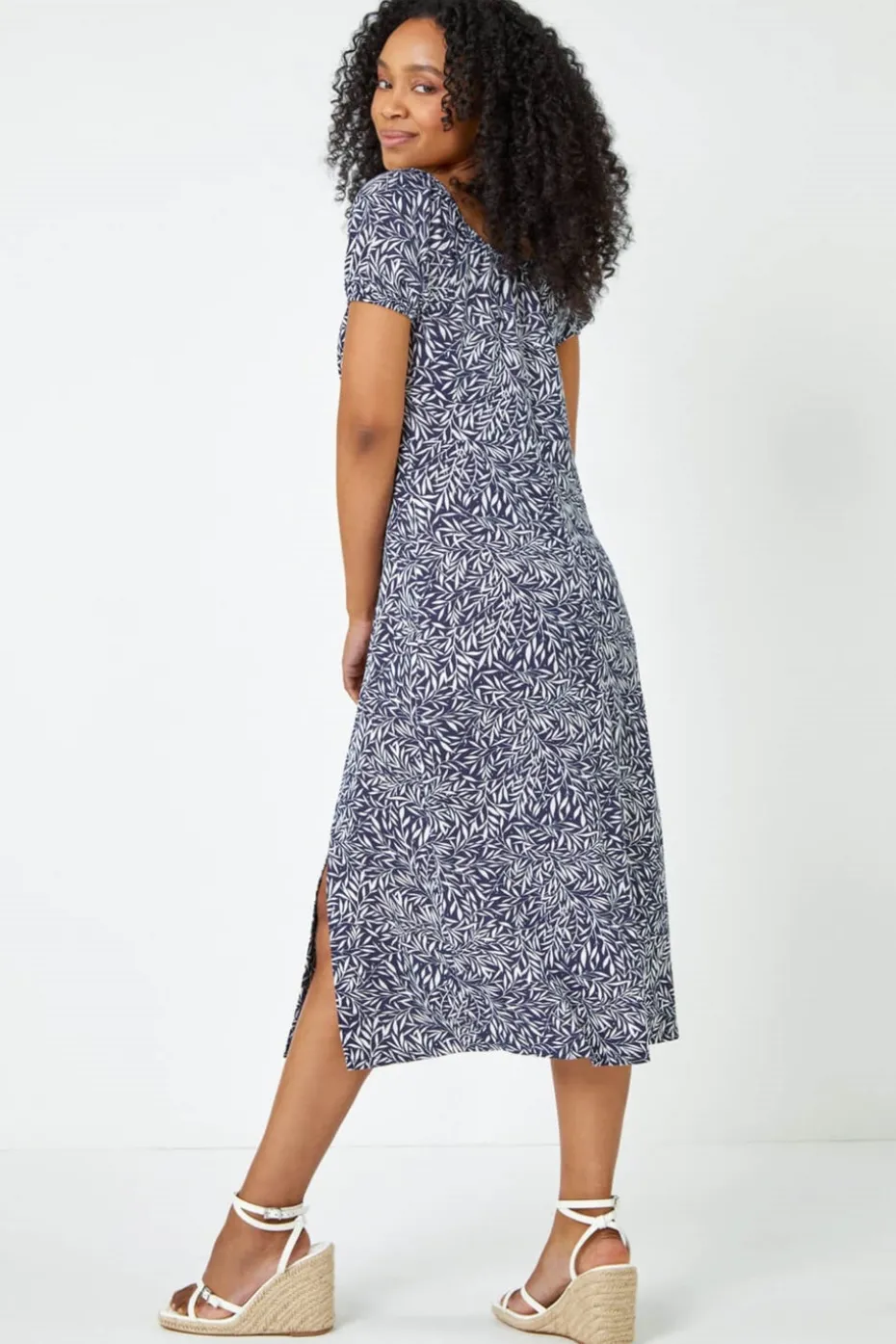 Roman Blue Petite Leaf Print Midi Stretch Dress
