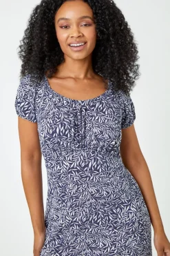 Roman Blue Petite Leaf Print Midi Stretch Dress