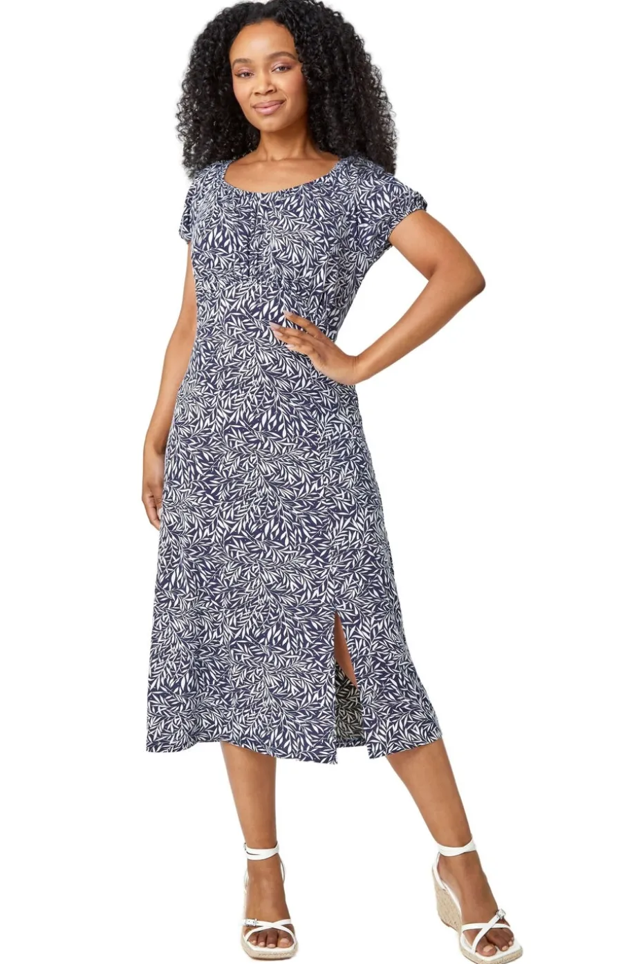 Roman Blue Petite Leaf Print Midi Stretch Dress