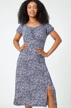 Roman Blue Petite Leaf Print Midi Stretch Dress