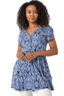 Roman Blue Petite Paisley Mono V-Neck Tunic