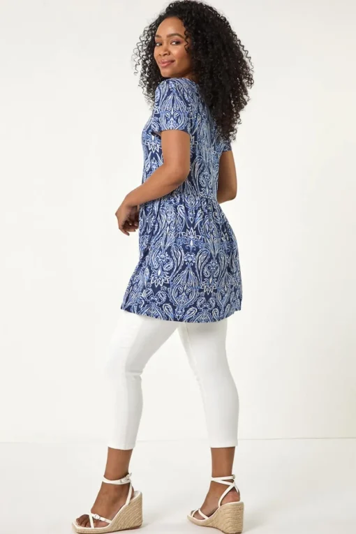Roman Blue Petite Paisley Mono V-Neck Tunic