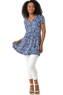 Roman Blue Petite Paisley Mono V-Neck Tunic