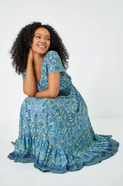 Roman Blue Petite Paisley Print Frill Hem Midi Dress