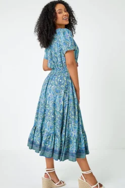 Roman Blue Petite Paisley Print Frill Hem Midi Dress