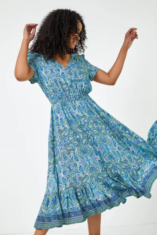 Roman Blue Petite Paisley Print Frill Hem Midi Dress