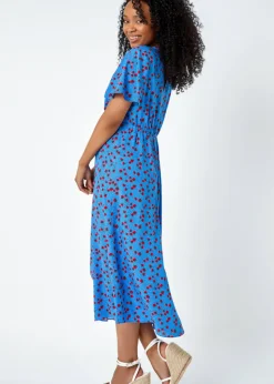 Roman Blue Petite Strawberry Print Midi Tea Dress