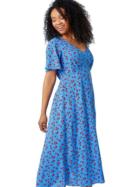 Roman Blue Petite Strawberry Print Midi Tea Dress